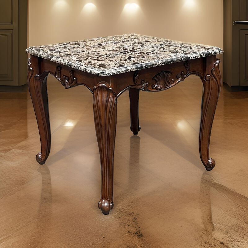 Aliya Side End Table, Rectangular 28 Inch Marble, Cherry Brown Wood