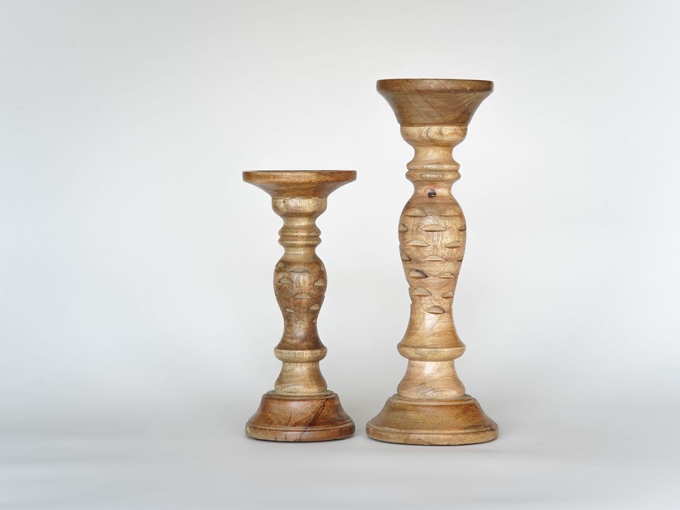 Traditional Wallnut Eco-friendly Handmade Mango Wood Set Of Two 6" & 9" Pillar Candle Holder
