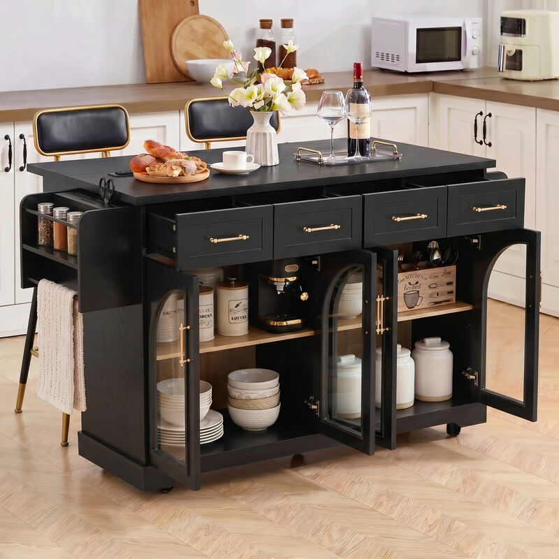 Merax Rolling Kitchen Island with Arched Tempered Glass Display Cabinets, Adjustable Shelves image number 1
