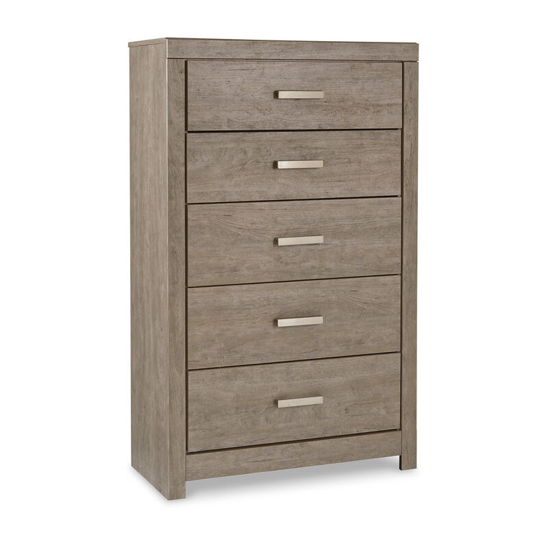 Kulv Tall Dresser Chest, 5 Storage Drawers, Modern Taupe Gray Laminate - Benzara