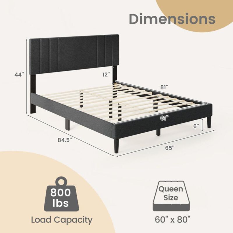 Hivvago Bed Frame with Vertical Channel Tufted Headboard and Wooden Slats-Queen Size