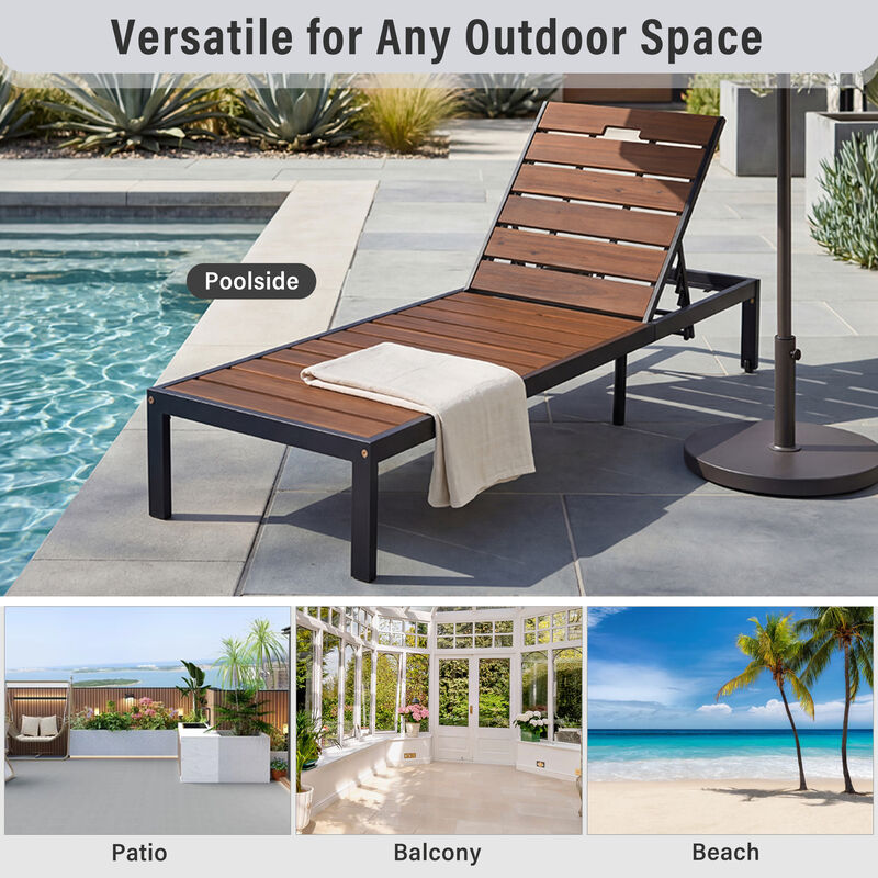 Merax Outdoor Chaise Lounge | 6-Position Adjustable Backrest, Steel Frame with Acacia Wood Slat Seat image number 6