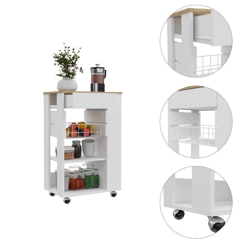 DEPOT E-SHOP Rosemont Kitchen Cart, Two Open Shelves, Rack, Four Caster Wheels, One Drawer-White-Light Oak, For Kitchen