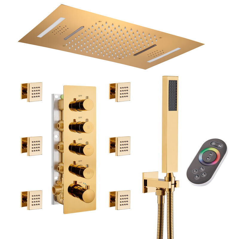 Mondawe 64 Colors LED Light and Music 3 Functions 4 Sprays Flush Ceiling Mounted Thermostatic Shower System with 6 Body Jets and Rough-in Valve in Titanium Gold
