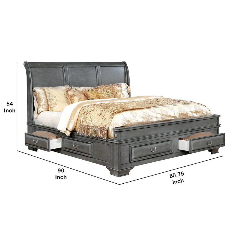 Transitional Eastern King Wooden Bed with Multiple Bottom Drawers, Gray