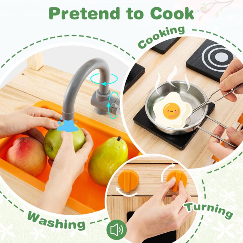 Hivvago Mud Kitchen Fir Wood Play Kitchen with Canopy and Sink and 4 Stoves