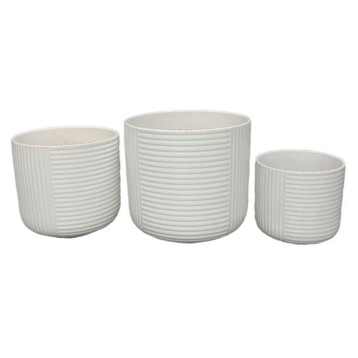 Kena Planter Set of 3, White Ceramic, Ribbed Texture Pots, 12 10 8 Inch