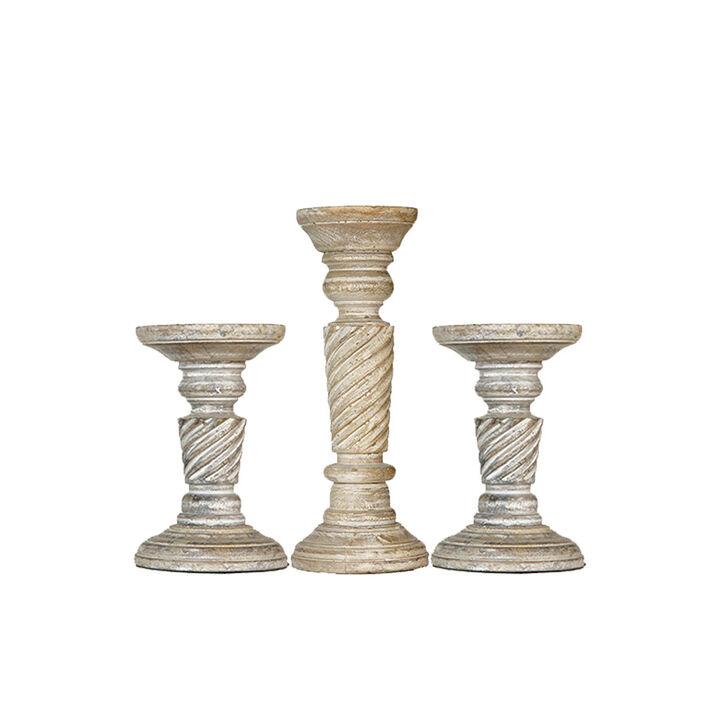 Traditional Antique White Eco-friendly Handmade Mango Wood Set Of Three 6",9" & 6" Pillar Candle Holder BBH Homes