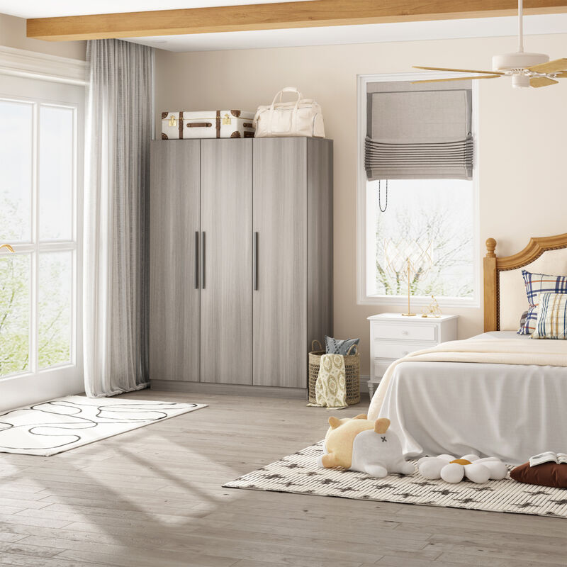 Gray Wood 47.2 in. W 3-Door Armoires Wardrobe with Hanging Rod and Storage Shelves (70 in. H x 18.9 in. D)