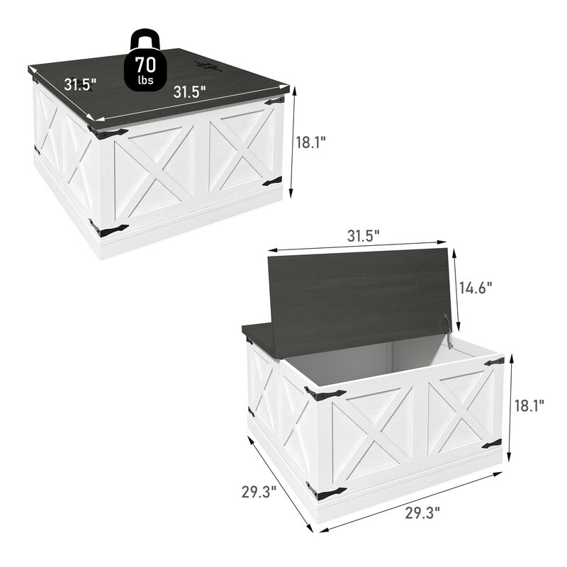 Farmhouse Square Coffee Table Wooden Center Table Rustic Cocktail Table with Hinged Lift Top and Large Hidden Storage Compartment, White