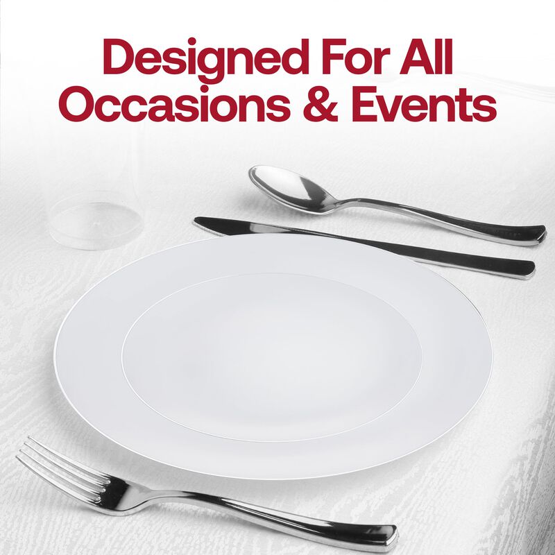 White with Silver Rim Organic Round Plastic Dinnerware Value Set (40 Sets) image number 7
