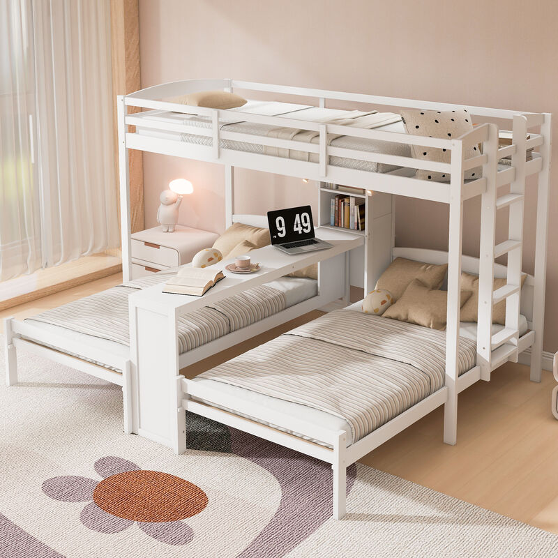 Merax Twin over Twin&Twin Bunk Bed with Built-in Desk and Storage Shelves image number 2