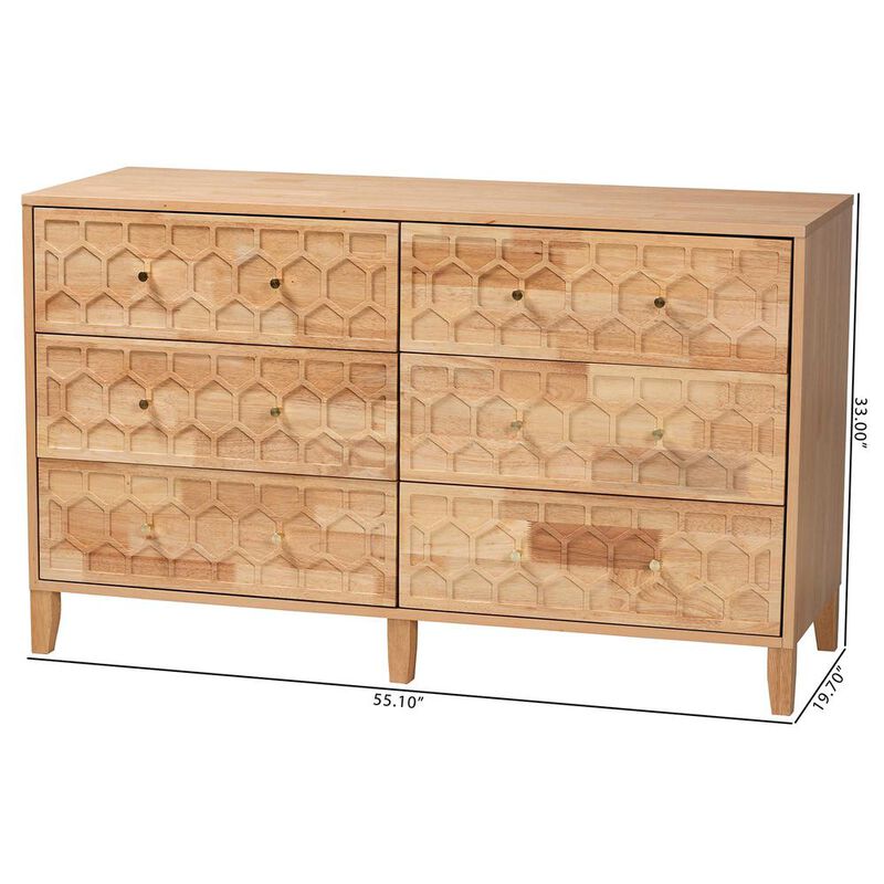 Baxton Studio Hosea Japandi Carved Honeycomb Natural 6-Drawer Dresser
