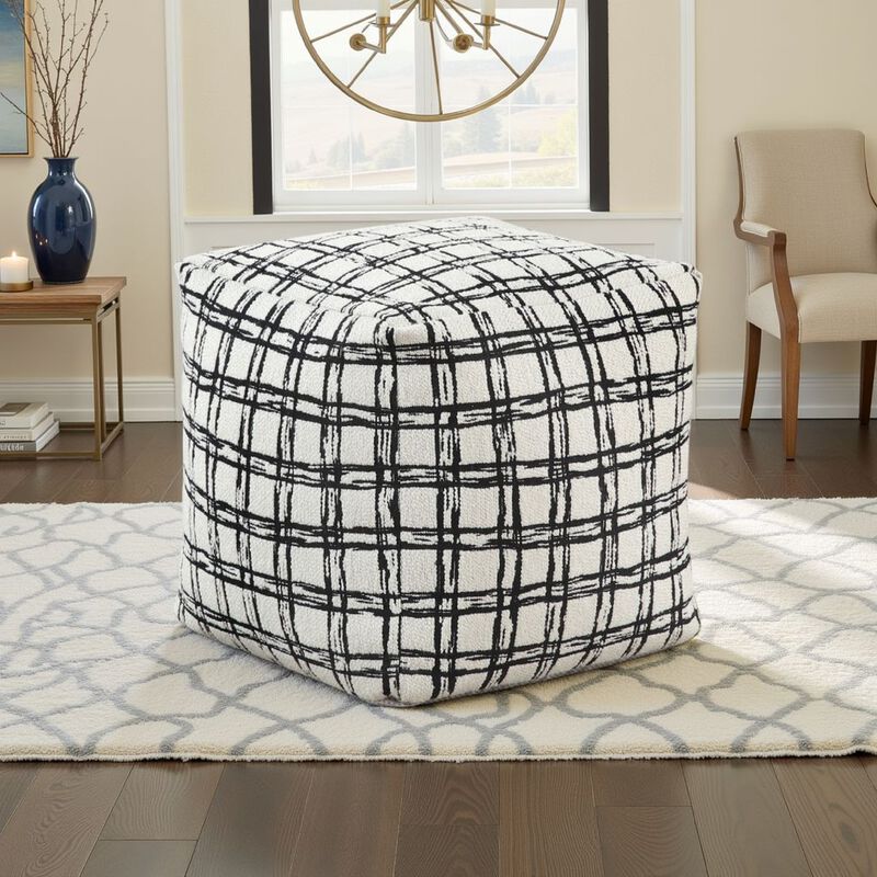 Modern Pouf Ottoman, White Black Checkered Jacquard, 16 Inch Square