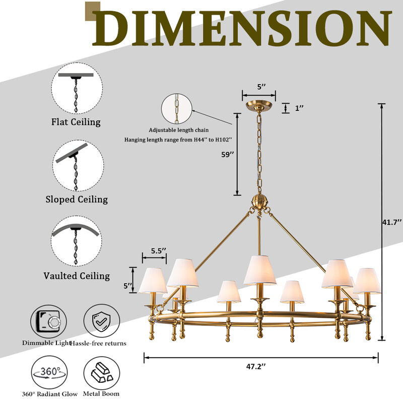 47'' 9-Light Extra Large Vintage Brass Chandelier with White Fabric Shades For Dining Room or Living Room image number 5