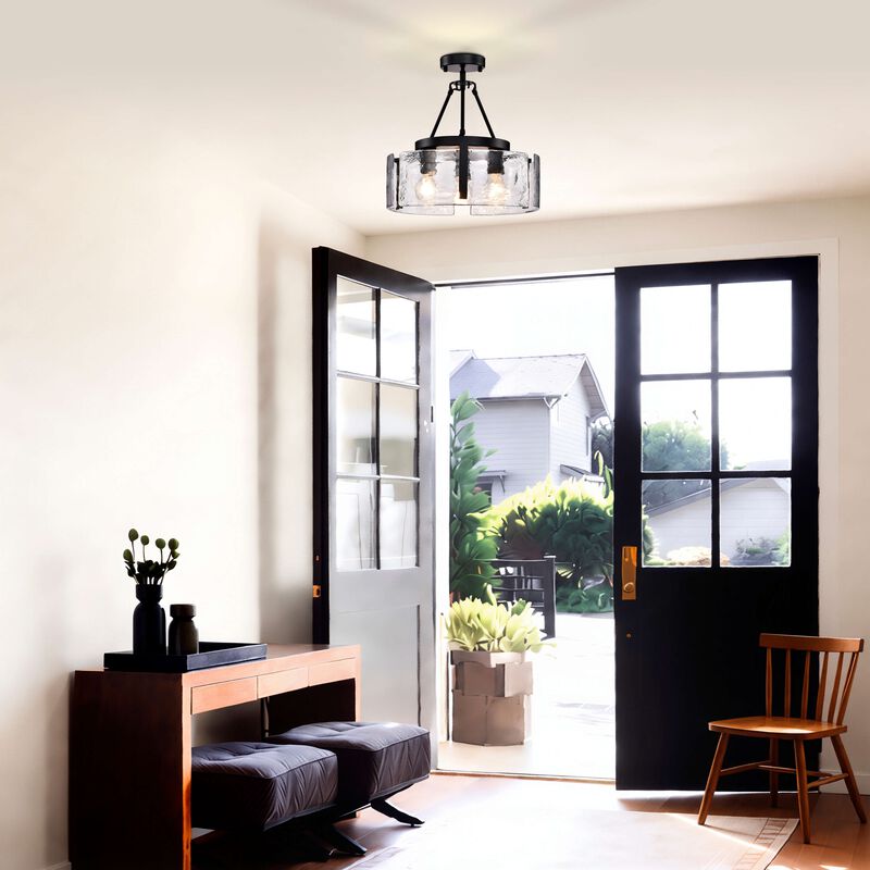 Cintia Black 3-Light Water Textured Glass Panel Drum Semi Flush Mount image number 2