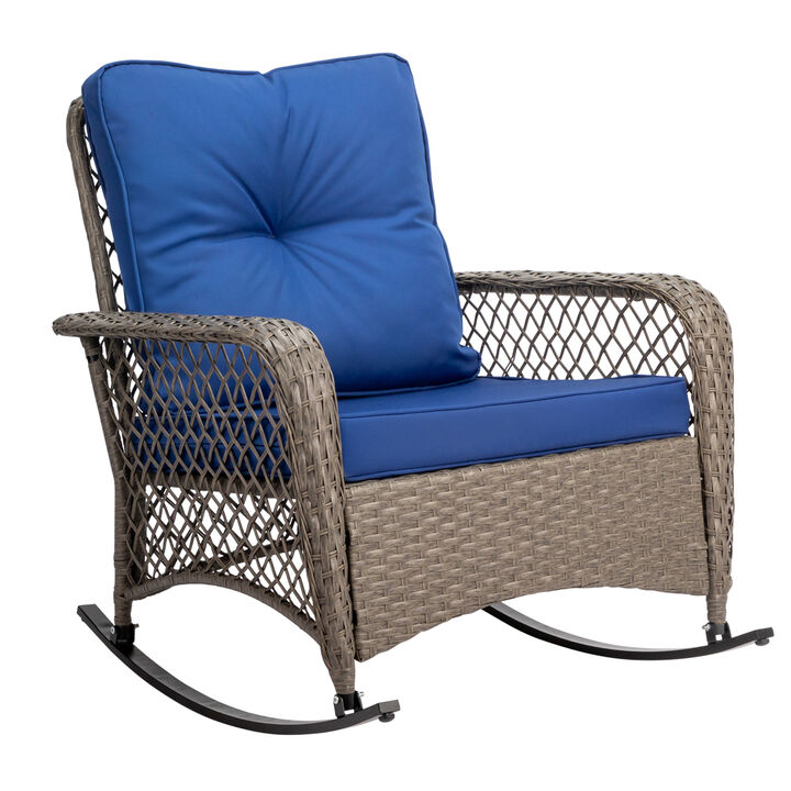 Outdoor Wicker Rocking Chair with Blue Cushion &ndash; Lightweight and Stylish Garden or Balcony Chair