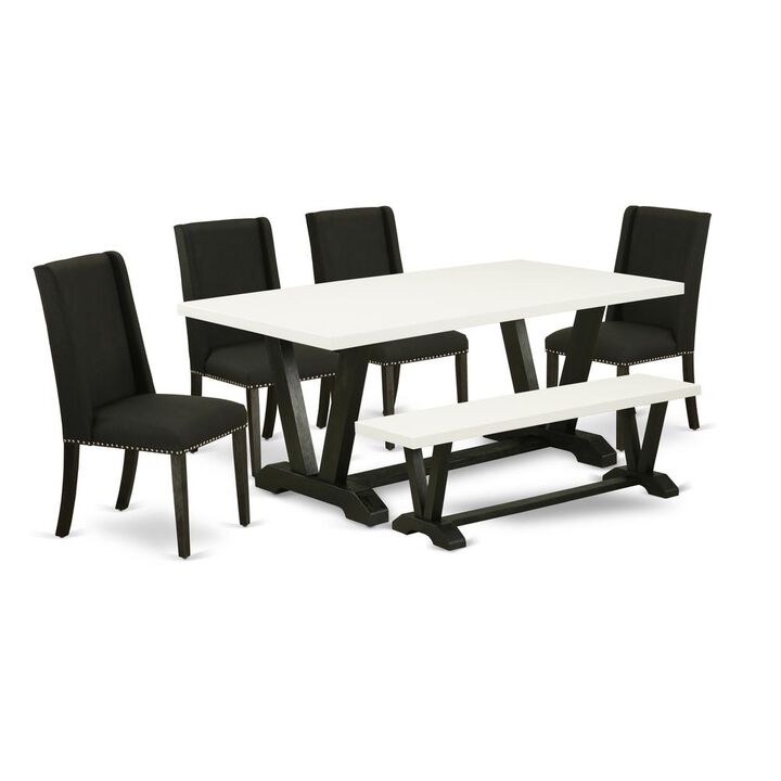 East West Furniture 6-Piece Mid Century Dining Table Set-Black Linen Fabric Seat and High Stylish Chair Back Parson Dining chairs, A Rectangular Bench and Rectangular Top Kitchen Table with Solid Wood