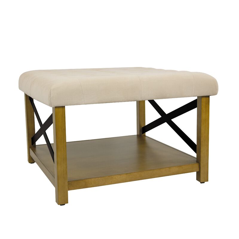 Ottoman with Open Storage, Wood Legs, Cream Tufted Microfiber 30 Inch - Benzara