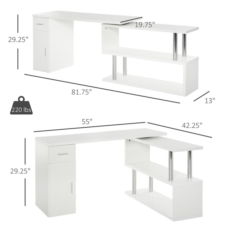 White Corner Workstation: L-Shaped Rotating Desk with Storage