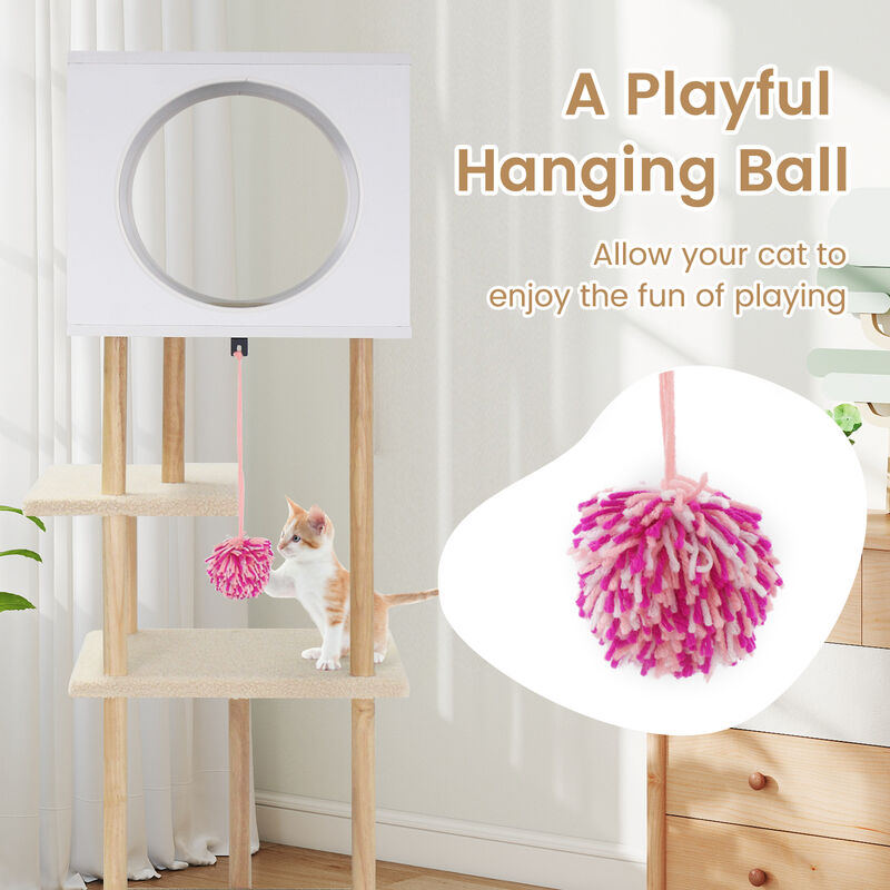 White Wooden Cat Tower with Dual Corrugated Cardboard Scratching Pads image number 7