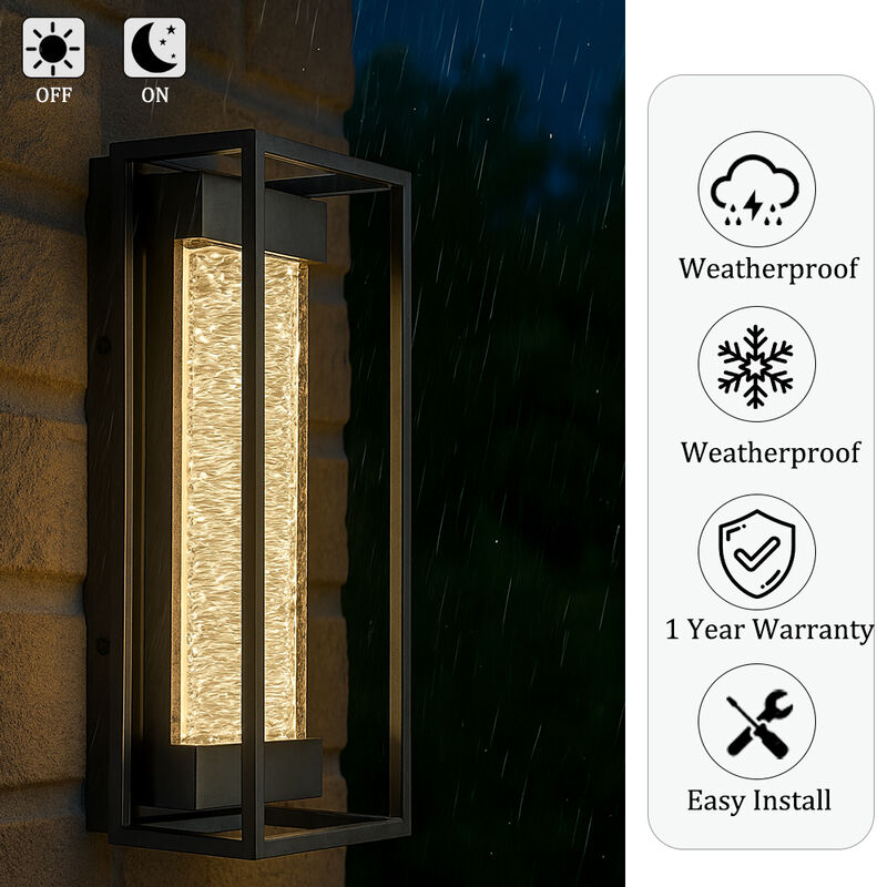 H15" Modern Outdoor Integrated LED Wall Light with Dusk to Dawn Sensor Matte Black Exterior Light Fixture with Handcrafted Textured Glass Wall Lantern for Porch Garage Entryway image number 5