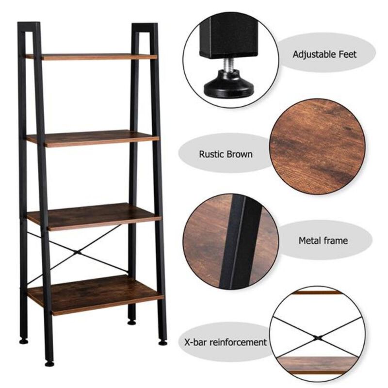4-Tier Industrial Ladder Shelf Vintage Bookshelf and Storage Rack for Office, Bathroom, and Living Room Organization