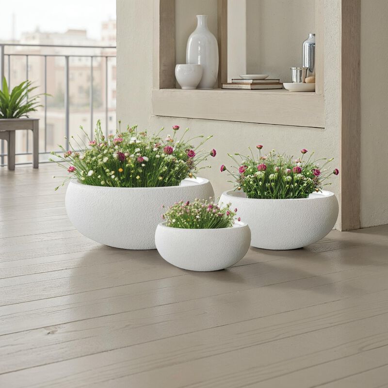 Keyan Accent Planter Set of 3, White Resin, Modern Smooth Bowl Shape - Benzara