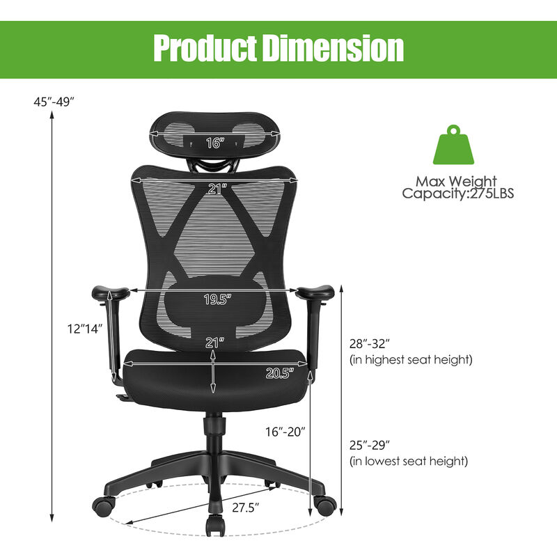 Costway Ergonomic High Back Mesh Office Chair w/ Adjustable Lumbar Support