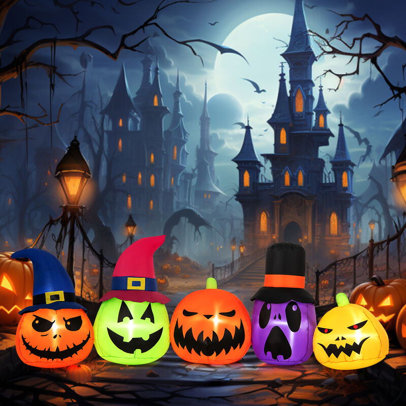 9 Feet Inflatable Pumpkin Patch Family with Built-in LED Lights and Witch Hats image number 2