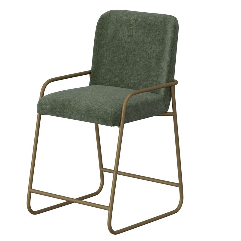 Suze Counter Height Chair, Arch Back, Gold Iron, Olive Green Polyester  - Benzara