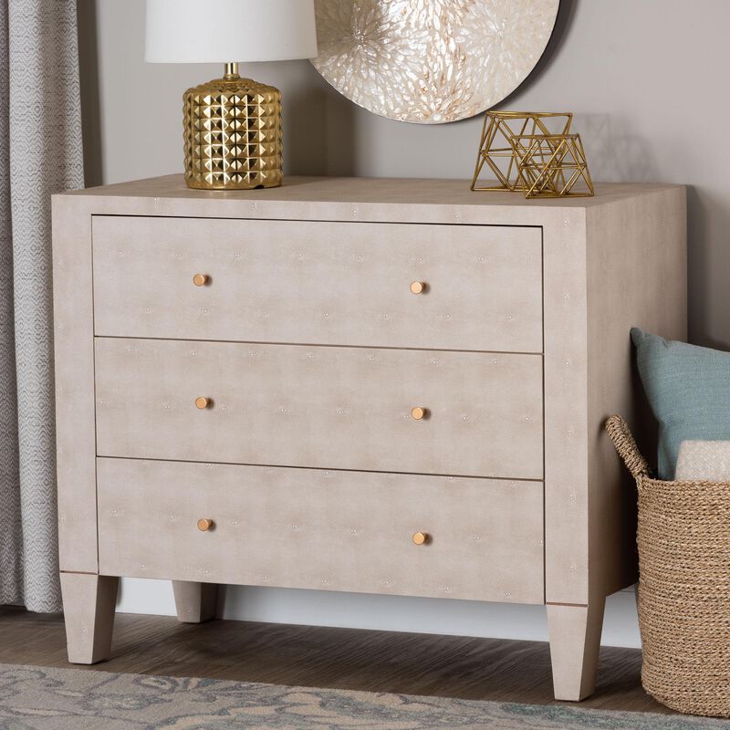 Baxton Studio Leyna Modern Beige Faux Shagreen 3 Drawer Storage Cabinet