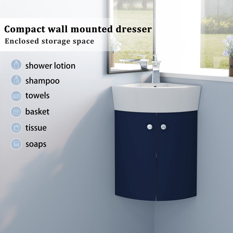 ELEMENT ACE Space Saving Corner Wall Mounted Vanity Cabinet with Integrated Ceramic Sink for Small Bathrooms image number 1