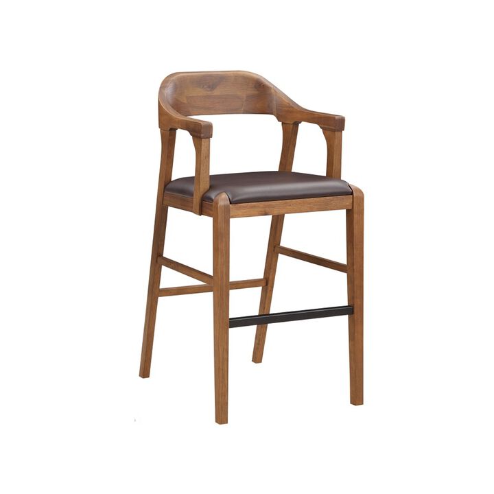 Rase 29 Inch Barstool Chair, Faux Leather Seat, Open Curved Back, Brown - Benzara