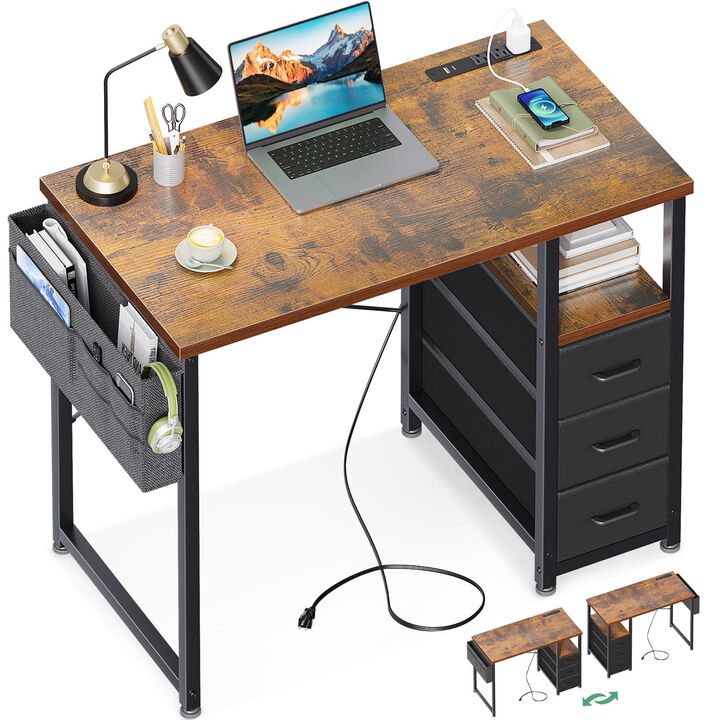 AODK 32 Small Computer Desk with Fabric Drawers and Charging Station, Kids Girls Teen Study Writing Desk for Bedroom, Home Off