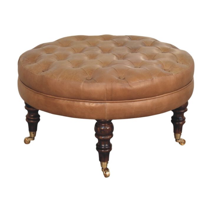 Artisan Furniture Solid Wood Brown Buffalo Leather Round Ottoman with Castor Legs
