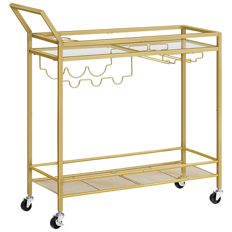 Bar Cart on Wheels with Wine Rack, Glass Holder, and Guardrail for Drinks-Gold image number 0