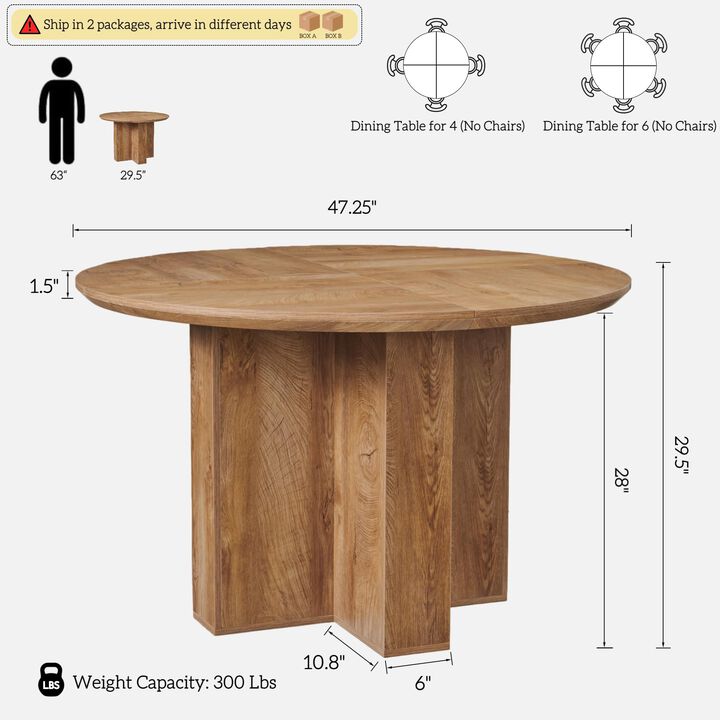 47" Round Dining Table for 4, Pedestal Cross Base, Thick Wood-Look Top