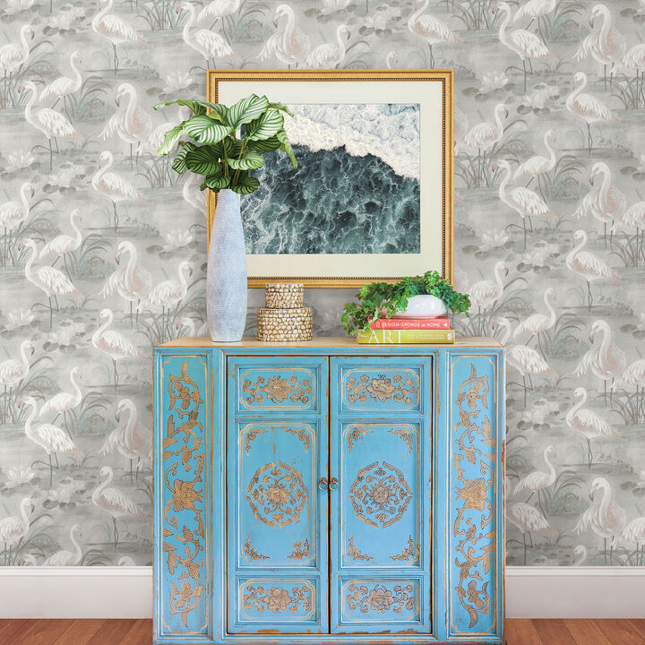Everglades Grey Flamingos Wallpaper (Set of 2)