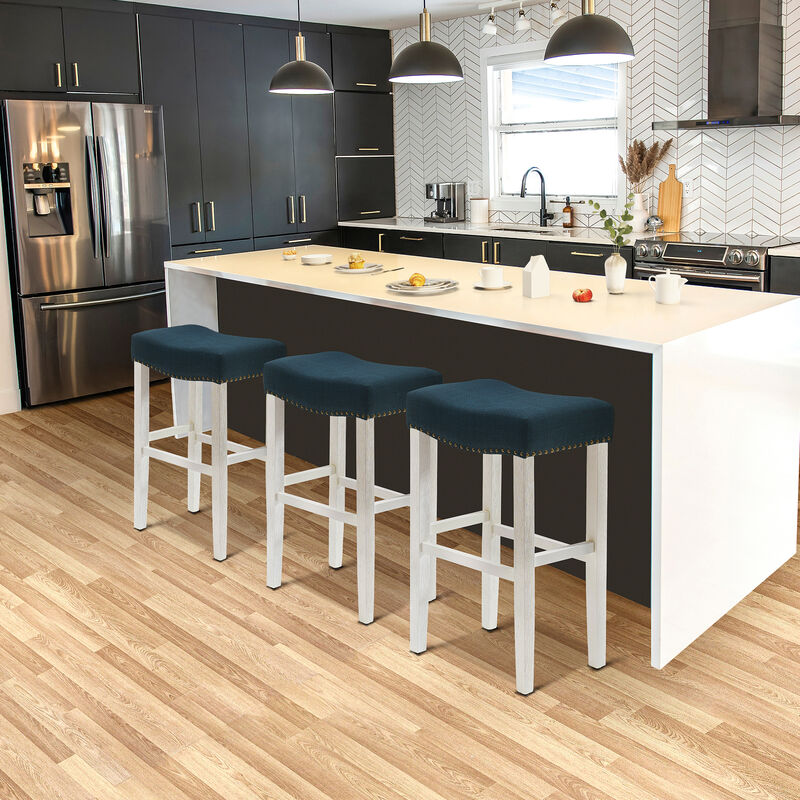 WestinTrends 29" Upholstered Saddle Seat Antique White Bar Stool (Set of 3)