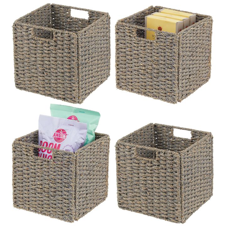 mDesign Seagrass Woven Kitchen Basket Organizer, Handles, 4 Pack, Gray Wash
