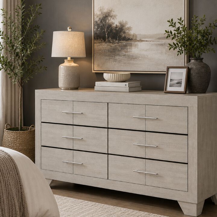 Qanto Wide Dresser with 6 Drawers, Rustic Cream Wood