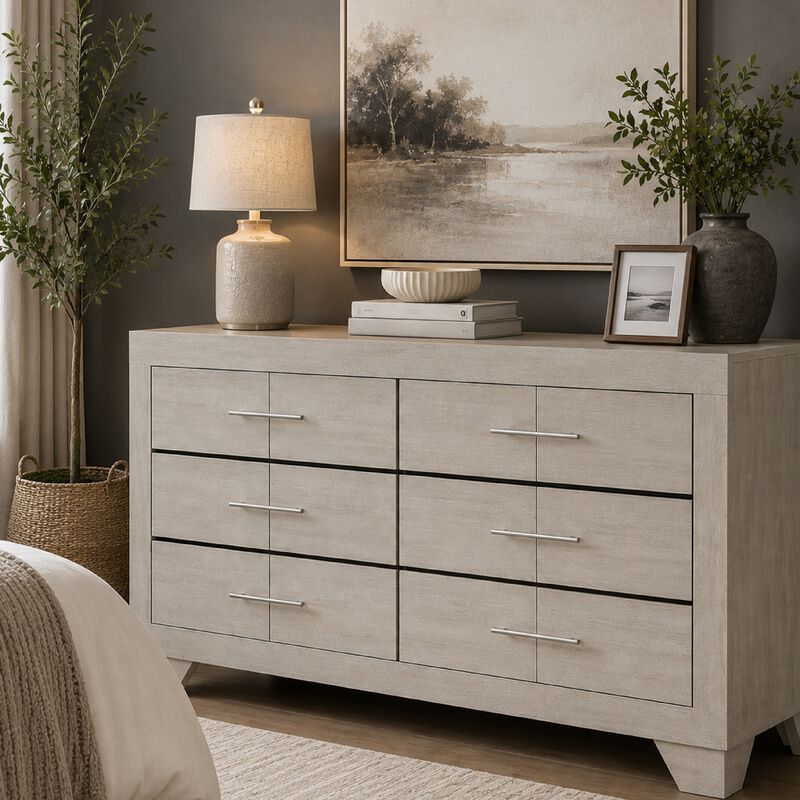 Qanto Wide Dresser with 6 Drawers, Rustic Cream Wood image number 1