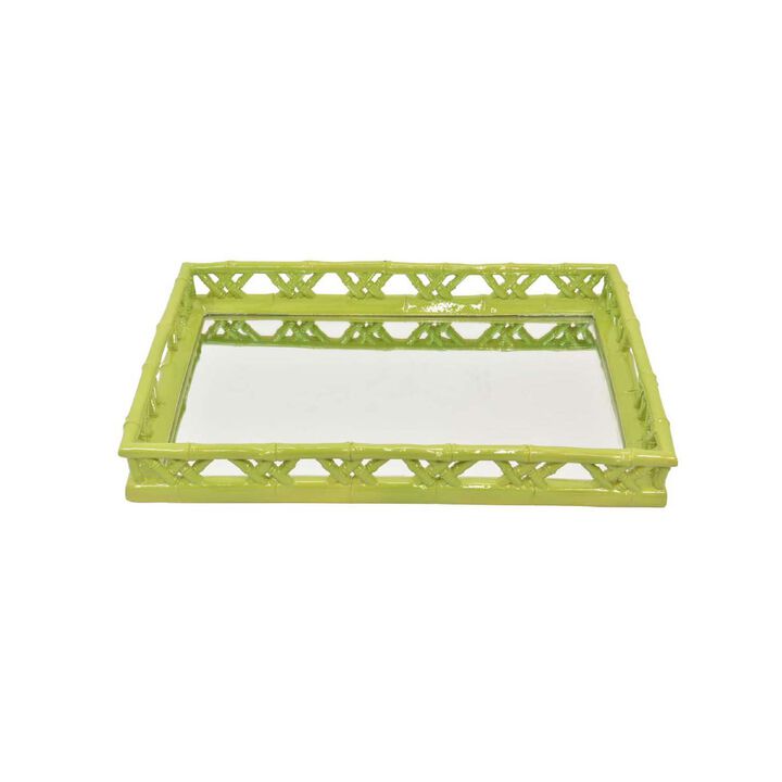 Aeny Accessory Tray with Mirror, 20 Inch, Bamboo Look Lime Green Resin