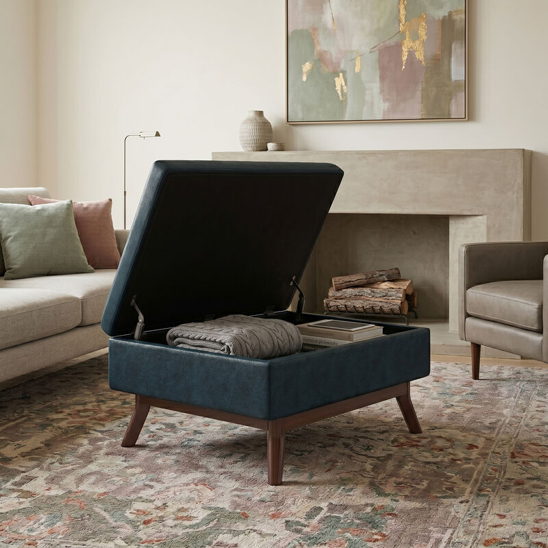 Owen 34 inch Wide Mid Century Modern Rectangle Coffee Table Storage Ottoman in Distressed Dark Blue Vegan Faux Leather, Assembled image number 9