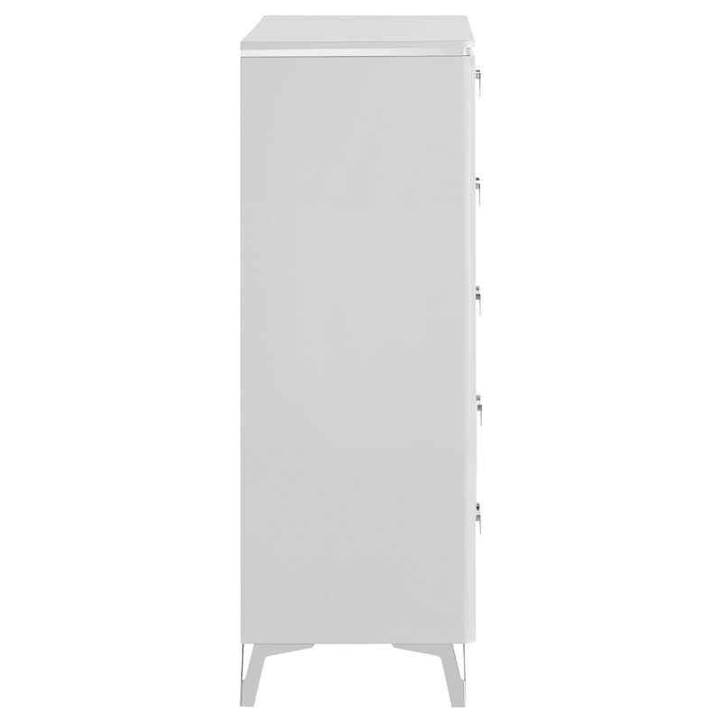Ivana Tall Dresser Chest with 5 Drawers, Geometric Front, White Wood image number 3