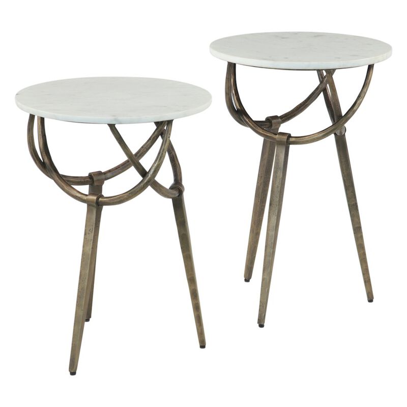 World Interiors Odessa 16" Side Table with White Marble and Antique Brass Base, Set of 2 image number 2