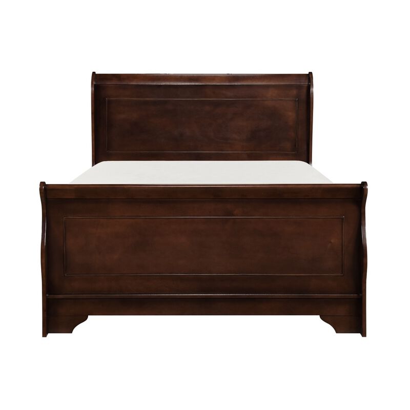 Transitional Queen Sleigh Style Bed, Dark Wood Frame, Cherry Brown Finish - Benzara