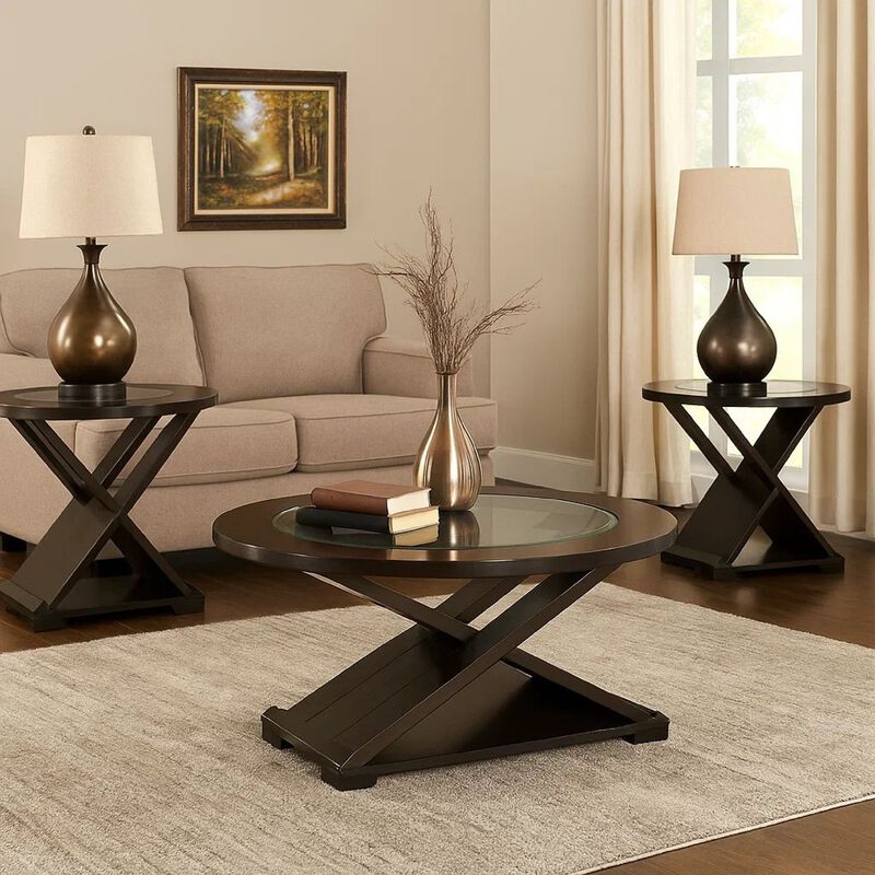 3 Piece Round Glass Coffee Table and End Table with X Shaped Base, Brown