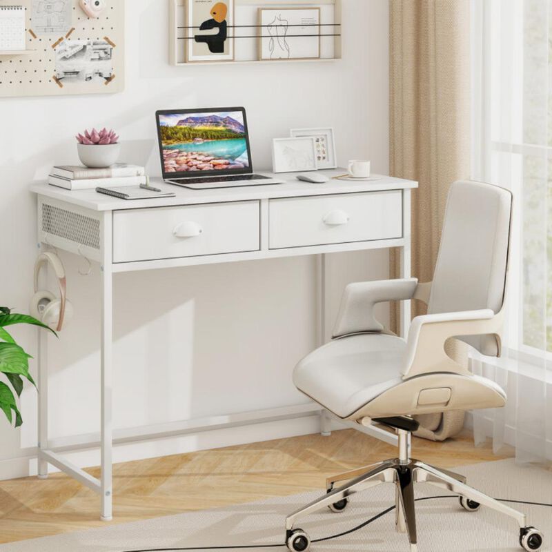 Space-Saving Home Office Desk with 2 Fabric Drawers and 4 Hanging Hooks for Storage